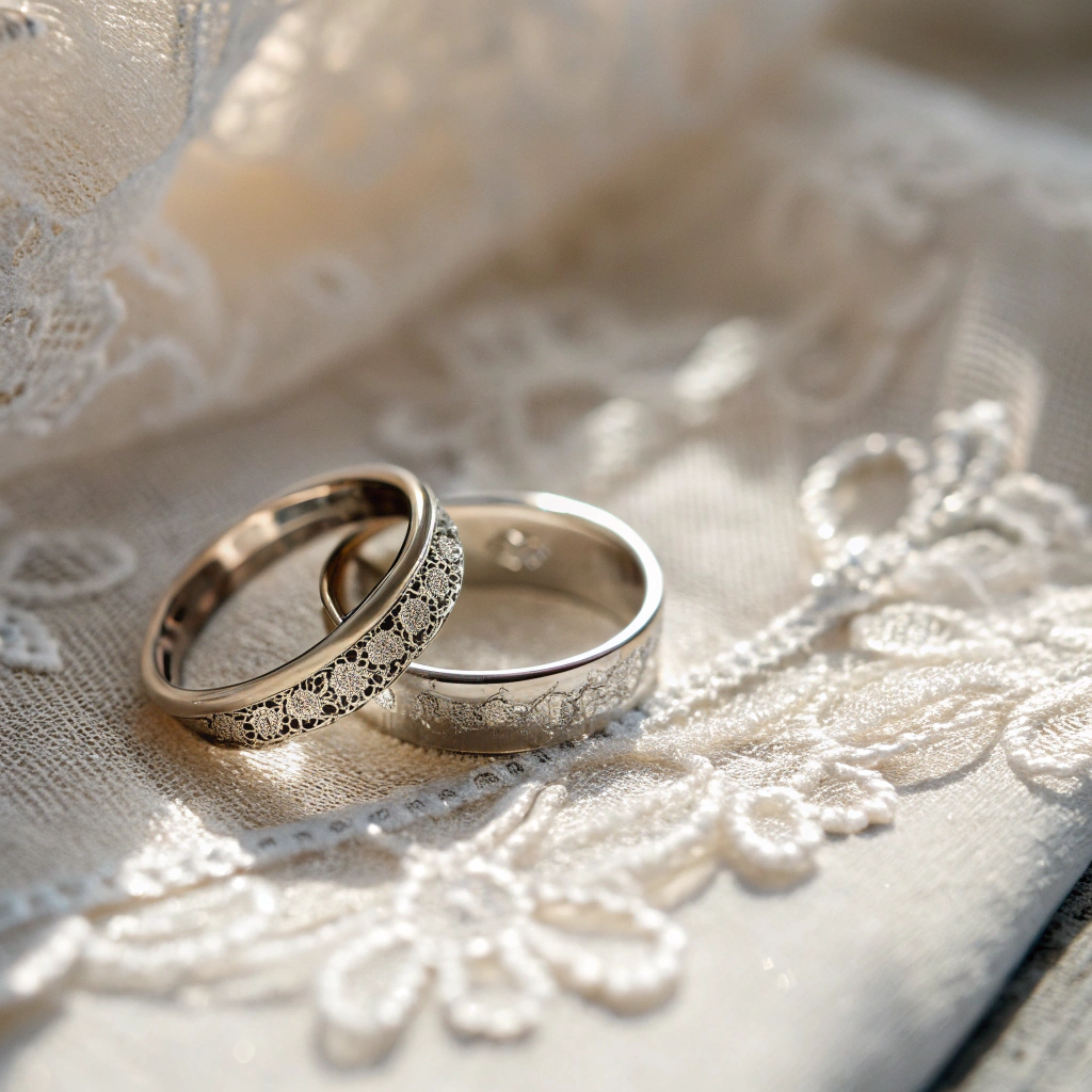 Artistic detail shot of wedding lace and rings in natural light